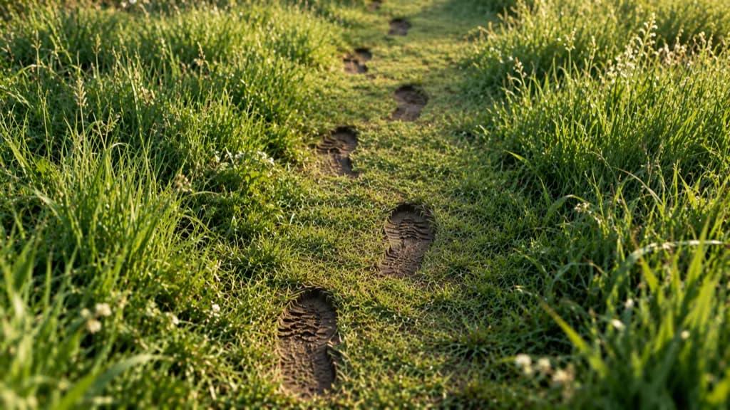 Un rastro de huellas humanas cruzando un pasto iluminado por el sol, alternando entre izquierda y derecha como la zancada natural de alguien caminando.