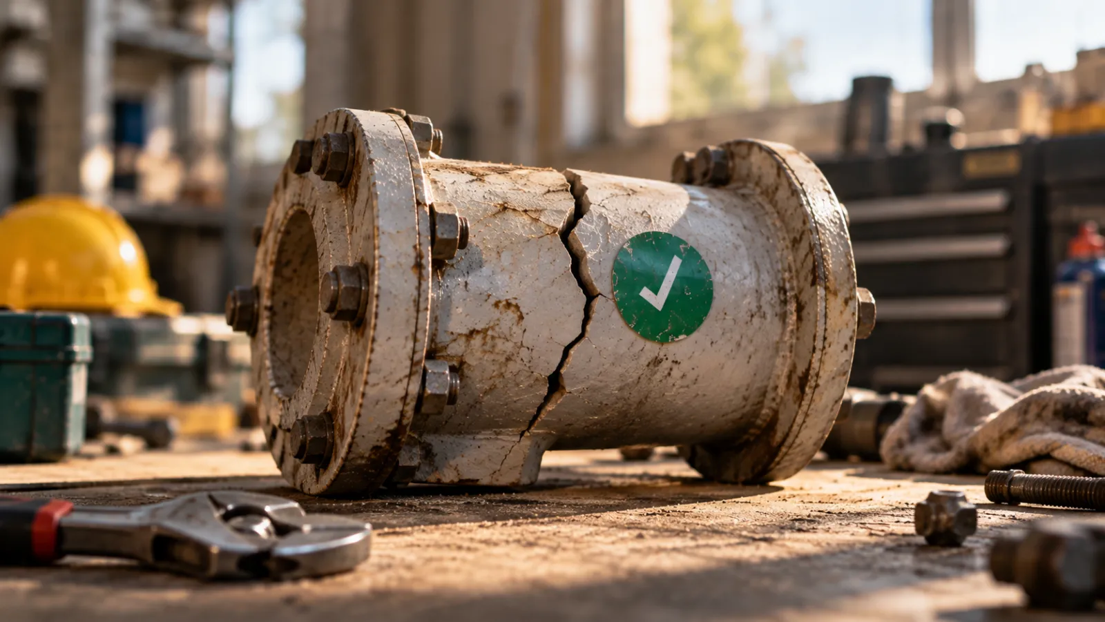 A cracked white industrial pipe with a green approved checkmark sticker, lying on a construction site next to a yellow hard hat and a wrench.