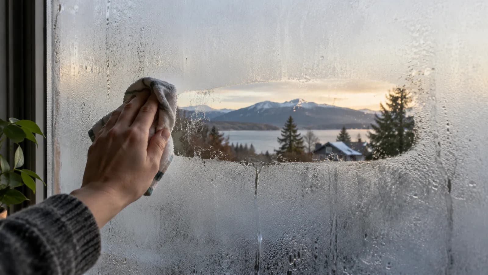 Una mano limpia con un paño una ventana empañada. La franja limpia deja ver un lago, montañas nevadas y una casa al atardecer.